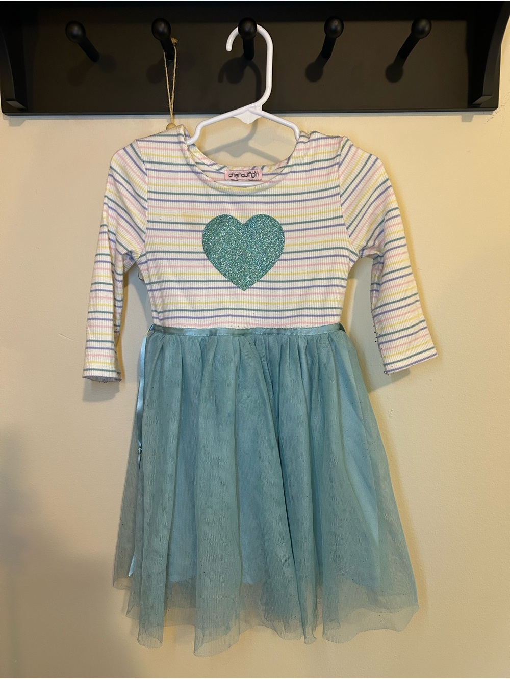 Cherish Stripe Bodice Dress with Teal Glitter Heart and Teal Tulle Skirt